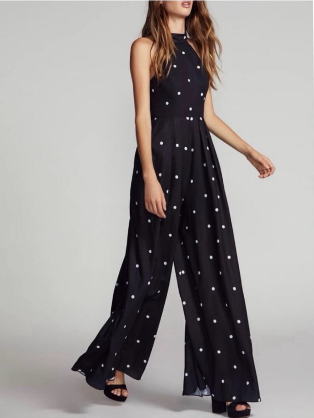 Free People x Fame & Partners Polka Dot Halter Jumpsuit Black White Wide Leg 10